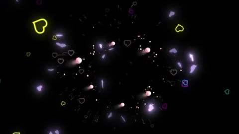 Abstract geometric heart shapes explode in vibrant neon light burst against Video stock 346198828