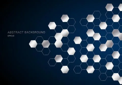 Abstract geometric hexagons pattern silver metal on dark blue background tech Stock Illustration