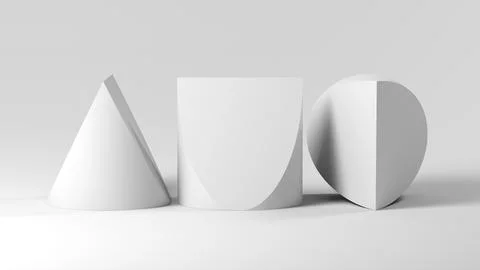 Abstract geometric installation of three white identical doubly truncated c.. Stock Illustration