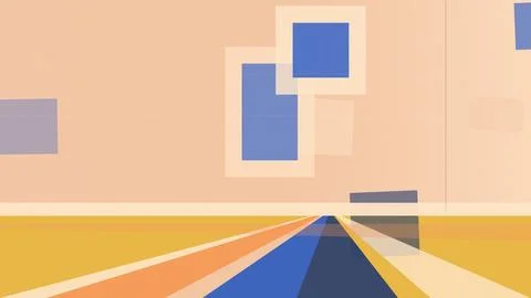 An abstract geometric layout with blue, peach, and yellow blocks forming su.. Stock Illustration