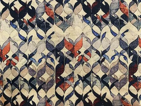 Abstract Geometric Leaf Pattern Digital Print on Beige Silk Fabric Stockfoto's