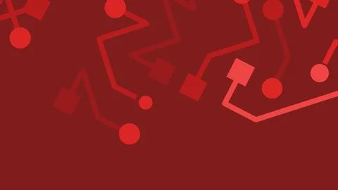 Abstract geometric lines and circles in varying red tones spread across a dar Stockillustratie
