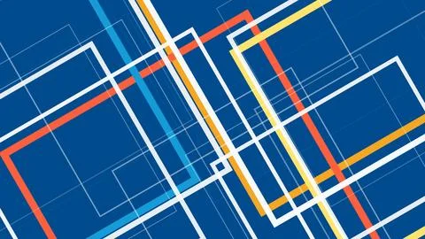 Abstract geometric lines and rectangles weave through a bold blue grid with.. Illustrazione stock
