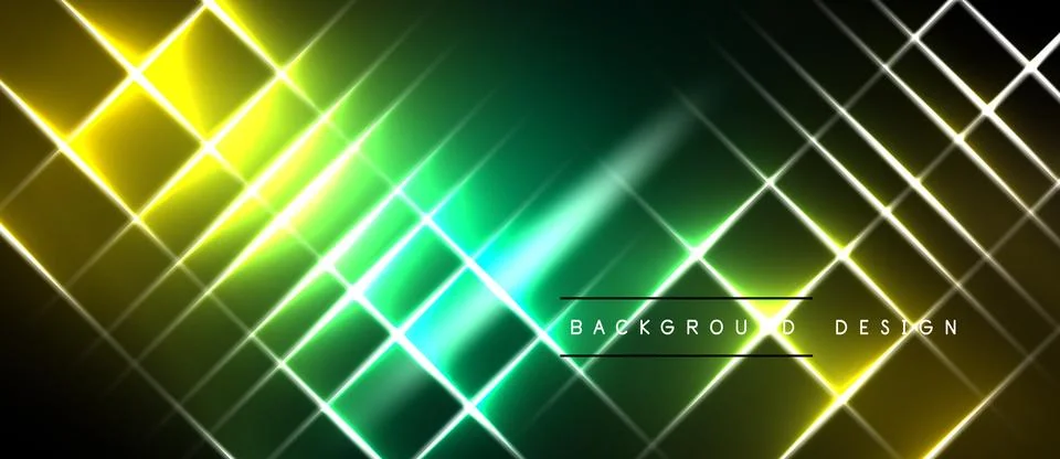 Abstract geometric lines create vibrant green, yellow glow. Dark background Stock Illustration