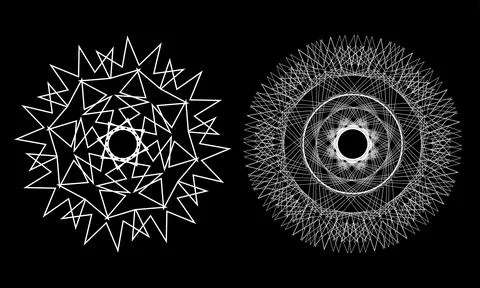 Abstract Geometric Mandala Patterns and Circular Particle Orbs on Black Bac.. Stock Illustration