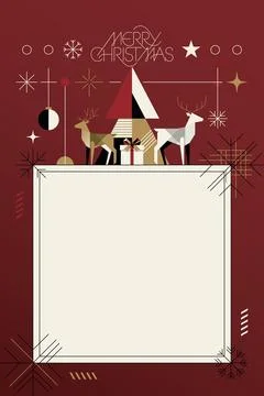 Abstract geometric Merry Christmas elements with blank square frame on red .. Stock Illustration