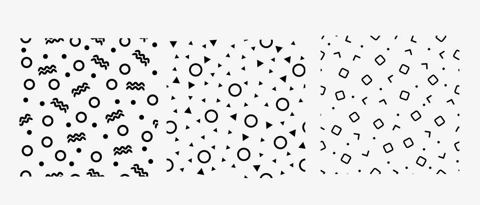 Abstract geometric, monochrome pattern consisting of circles, triangles, wavy Illustrazione stock
