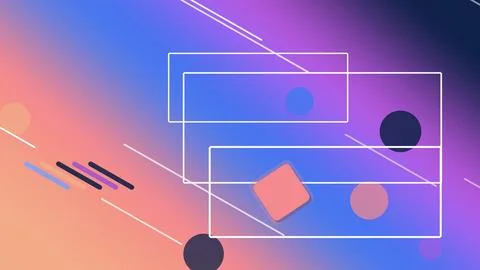 Abstract geometric neon rectangles and lines float over a vibrant purple-bl.. Stock Illustration