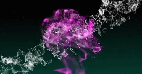 Abstract geometric network and data visualization over purple and green Stock Photos