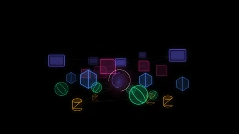 Abstract geometric network connecting neon shapes floating on a dark backgr.. 스톡 동영상 347267963