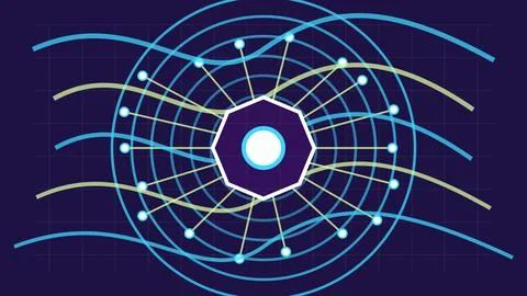 Abstract geometric network design with central hexagon and radial nodes Stock Illustration