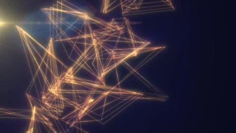 Abstract geometric network of glowing golden lines and nodes forming luminous Ilustração Stock