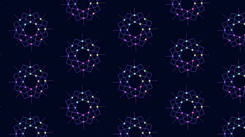 Abstract geometric network pattern with neon nodes on dark blue background Stock Footage 330061225