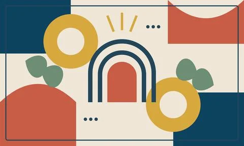 Abstract geometric pattern with arches circles and foliage in a midcentury .. 스톡 일러스트