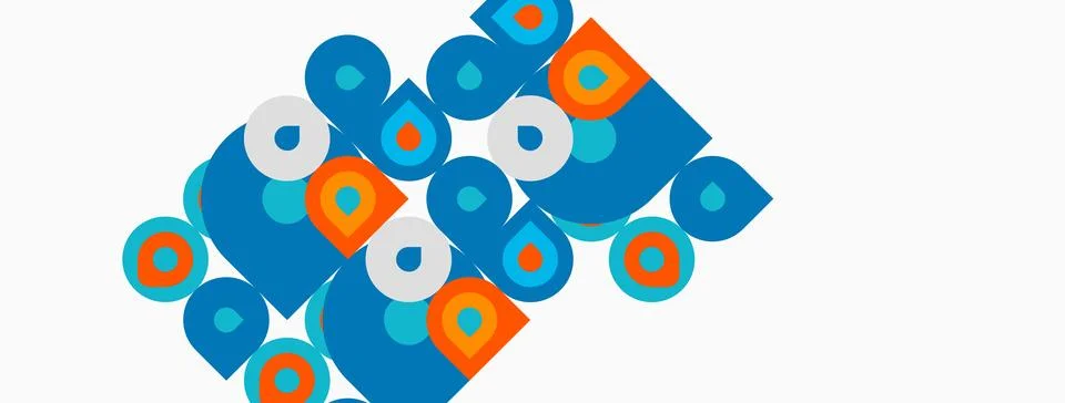 Abstract geometric pattern. Blue, orange circles overlap white squares. 스톡 일러스트