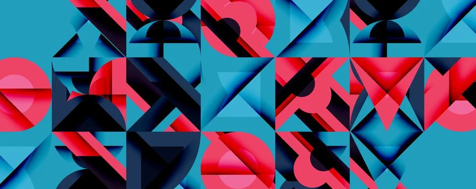 Abstract geometric pattern. Blue, pink, black shapes interlock creating textured Stock Illustration