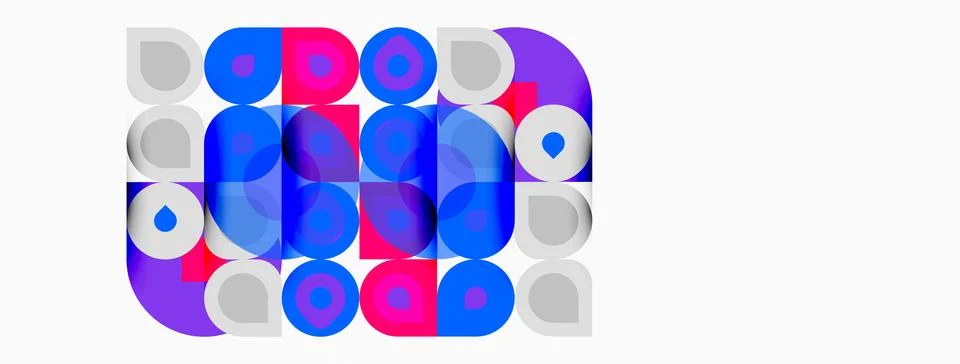 Abstract geometric pattern. Circles overlap, creating vibrant blue, red, purp 스톡 일러스트
