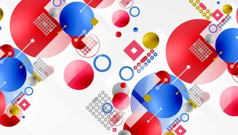 Abstract geometric pattern. Circles, squares, rectangles overlap. Red, blue, Stock Illustration