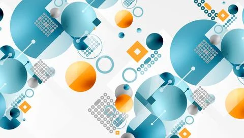 Abstract geometric pattern. Circles, squares, rectangles overlap. Blue, orange, Stock Illustration