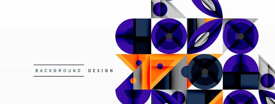 Abstract geometric pattern. Circles, squares, triangles overlap creating dynamic Stock Illustration