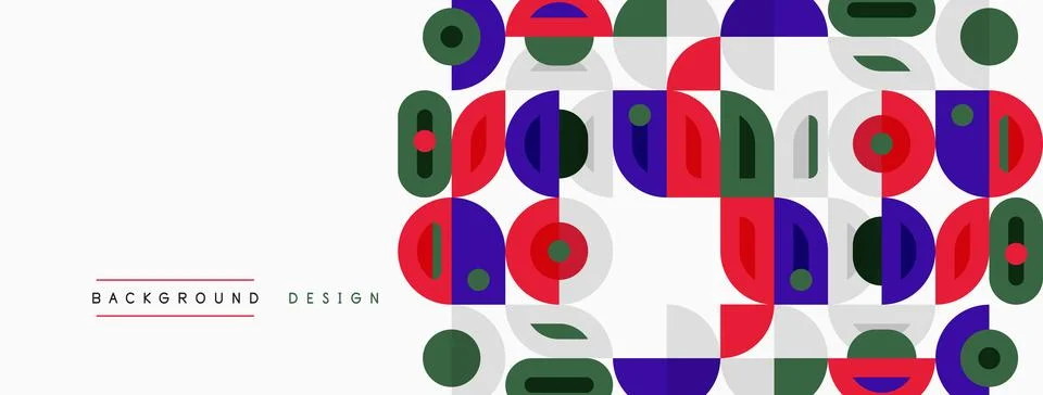 Abstract geometric pattern. Circles, squares, rectangles overlap creating Illustrazione stock