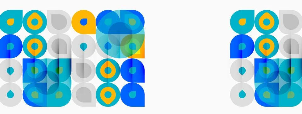 Abstract geometric pattern. Circles, squares, rectangles overlap creating Illustrazione stock