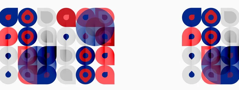 Abstract geometric pattern. Circles, squares, rectangles overlap. Red, blue, イラスト素材