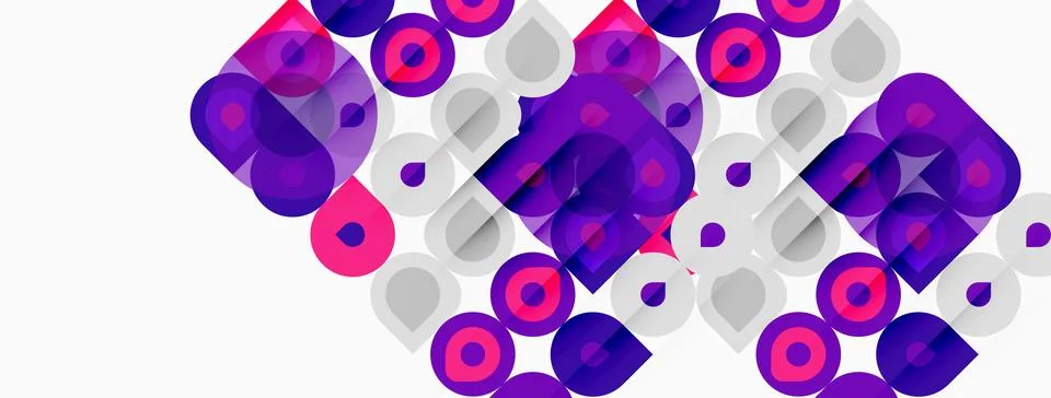 Abstract geometric pattern. Circles, squares overlap creating vibrant purple, Illustrazione stock