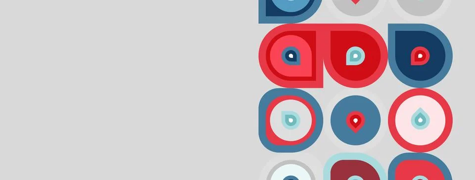Abstract geometric pattern. Circles, squares, teardrops repeat. Red, blue, gr 库存插图
