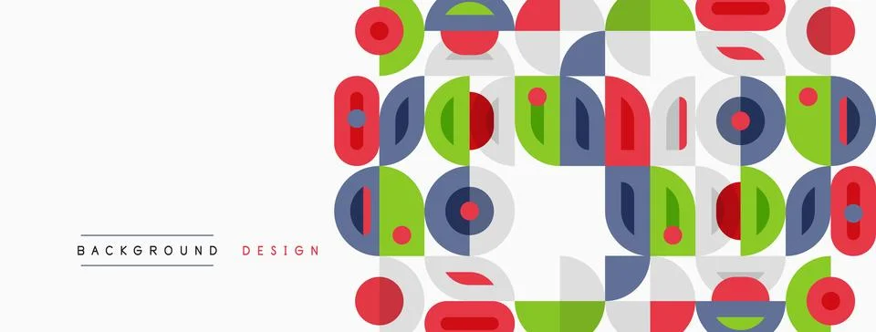 Abstract geometric pattern. Circles, squares, rectangles overlap creating Illustrazione stock