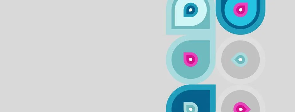 Abstract geometric pattern. Circles, squares, teal, pink hues dominate light Stock Illustration