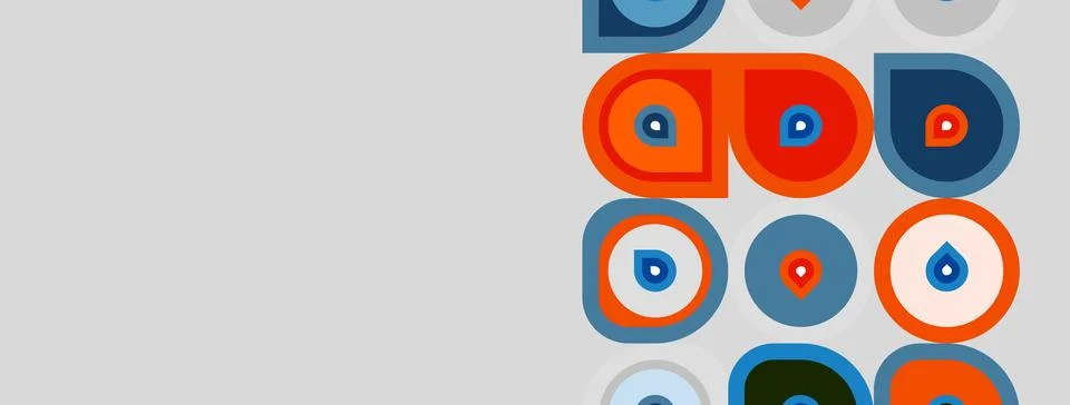 Abstract geometric pattern. Circles, squares, teardrops overlap creating Stock Illustration