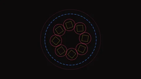 Abstract geometric pattern with circular rings and square shapes on black Stockbeeldmateriaal 338309972