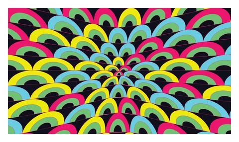 Abstract geometric pattern with colorful concentric arcs radiating from the.. イラスト素材