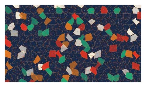 Abstract geometric pattern with colorful shapes and thin lines on dark blue.. Stock Illustration