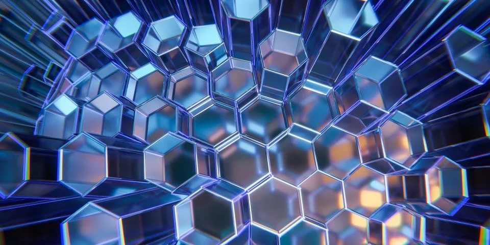 Abstract geometric pattern consisting transparent blue glass hexagonal tubes, Stock Illustration