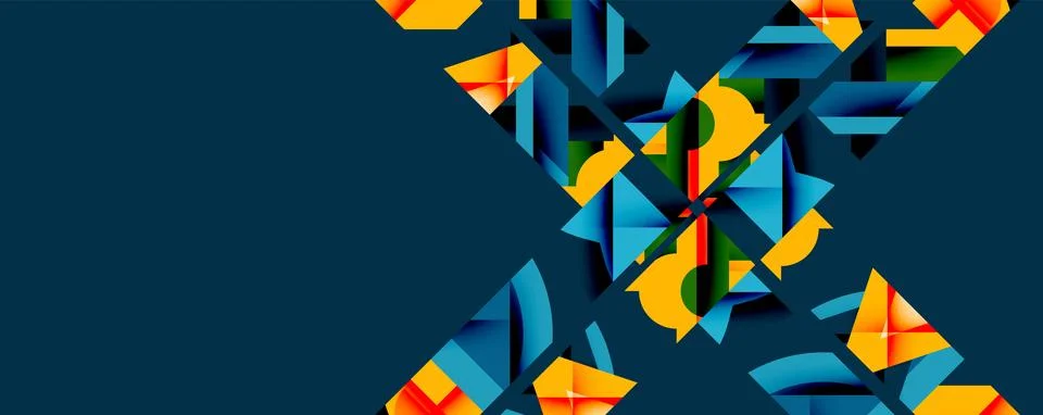 Abstract geometric pattern dominates right side. Vivid colorsyellow, blue, Stock Illustration