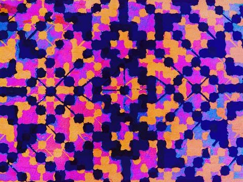 Abstract geometric pattern with ethnic motifs in pink, orange, navy blue Stock Illustration