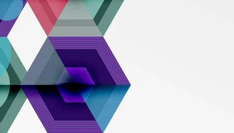 Abstract geometric pattern features layered hexagons. Colors shift from teal, Stock Illustration