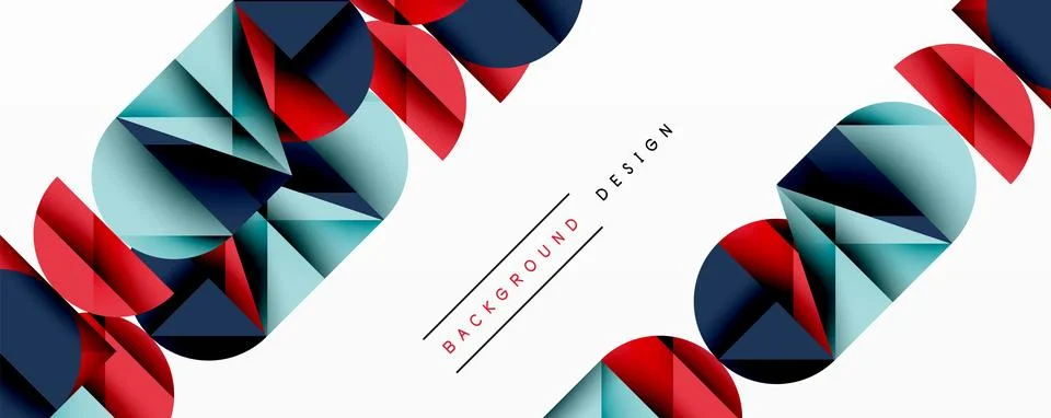 Abstract geometric pattern features overlapping circles, squares. Colors include Illustrazione stock