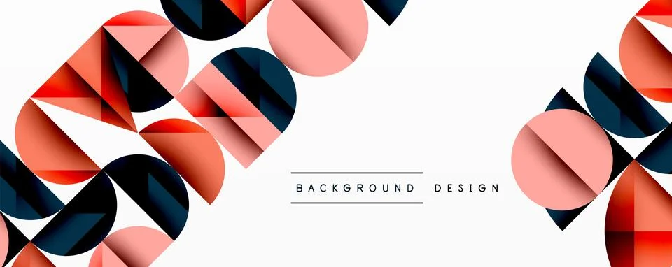 Abstract geometric pattern features overlapping circles, triangles. Red, coral, Stock Illustration
