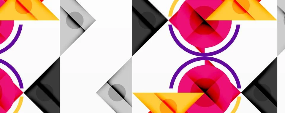 Abstract geometric pattern features overlapping triangles, circles, rectangles. Illustrazione stock