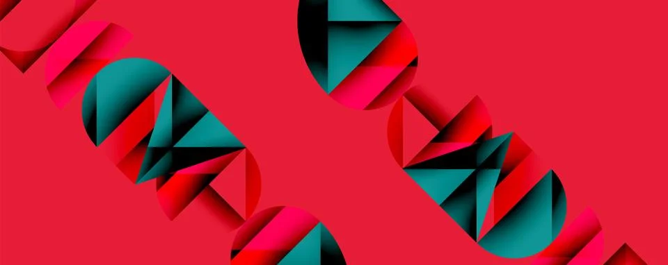 Abstract geometric pattern features repeating shapes. Red, teal, black colors 스톡 일러스트