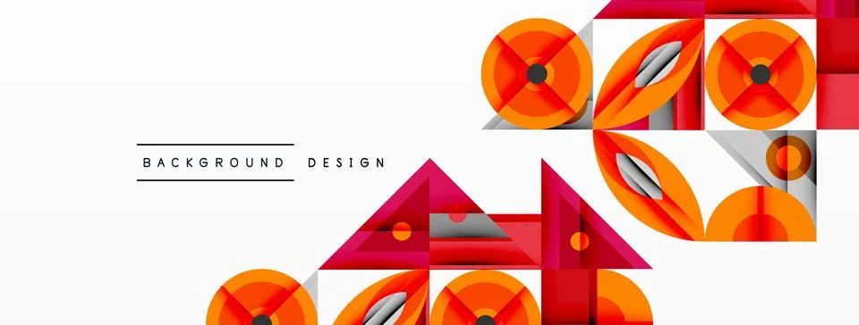 Abstract geometric pattern features vibrant orange, red, gray shapes. Squares, Illustrazione stock