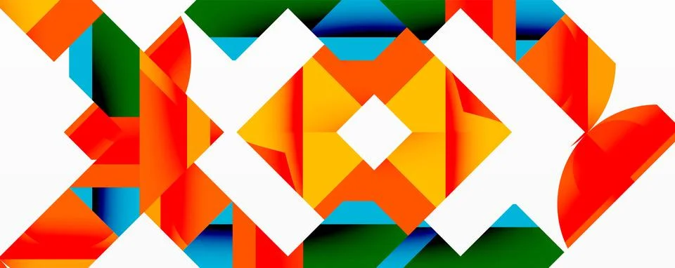 Abstract geometric pattern features vibrant orange, green, blue shapes. White Illustrazione stock