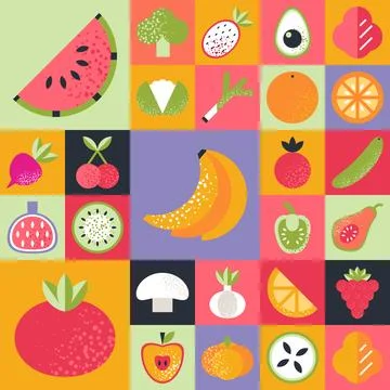 Abstract geometric pattern. Fruits and vegetables in Bauhaus style. Stock Illustration