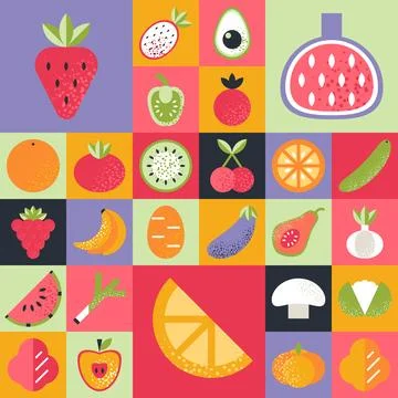 Abstract geometric pattern. Fruits and vegetables in Bauhaus style. Stock Illustration