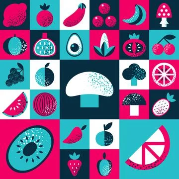 Abstract geometric pattern. Fruits and vegetables in Bauhaus style. Stock Illustration