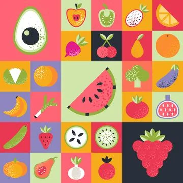 Abstract geometric pattern. Fruits and vegetables in Bauhaus style. Stock Illustration