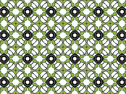 Abstract geometric pattern with green Chinese cloud and butterfly motifs. Stock Illustration